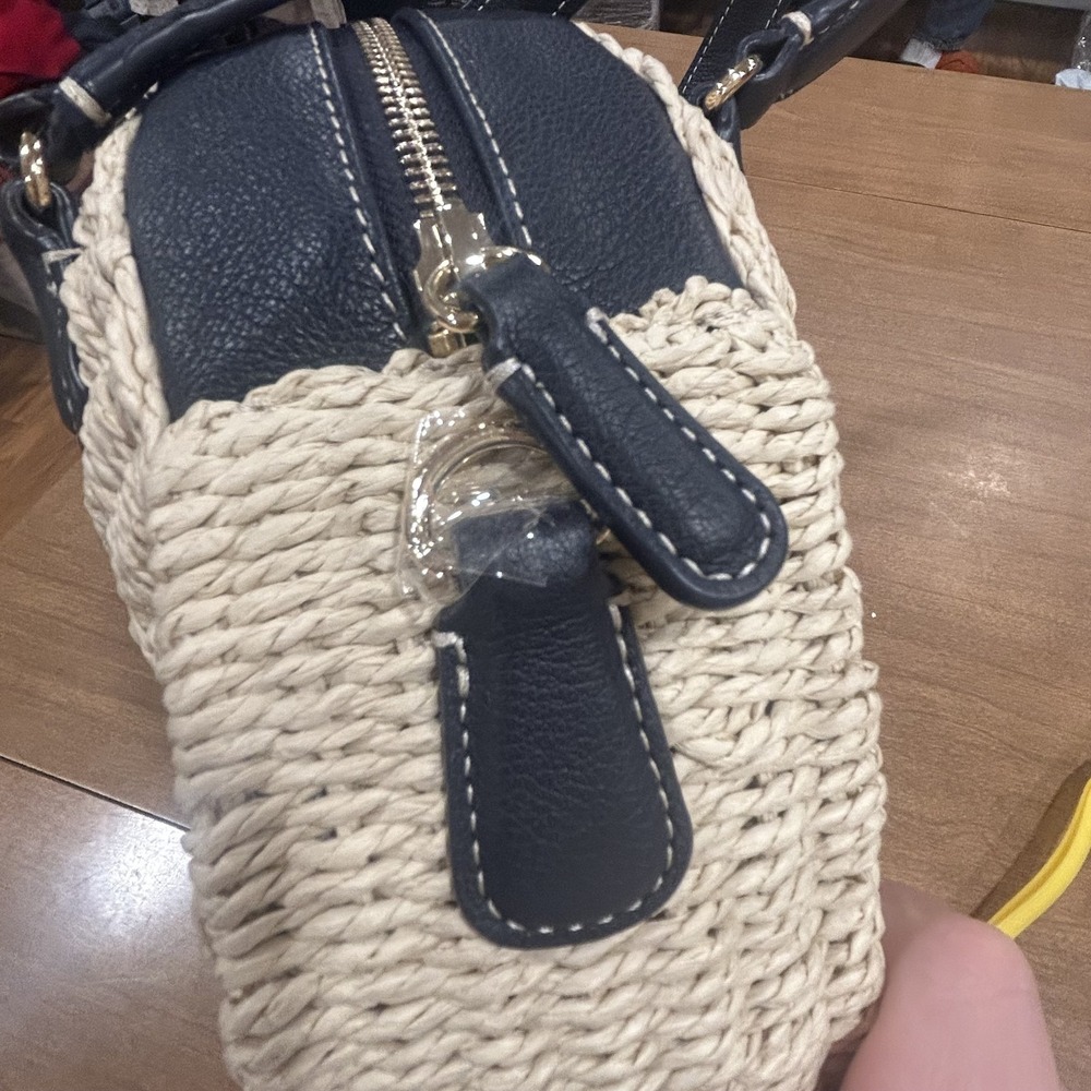 Talbots Backpack Bag Womens Medium Beige Straw Navy Faux Leather Beach Purse - Picture 6 of 7